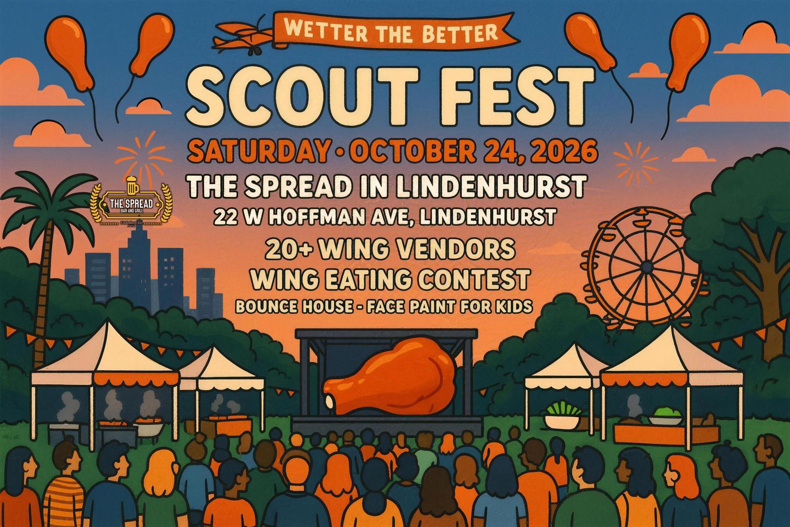 Scout Fest '26 poster — Saturday, October 24, 2026 at The Spread in Lindenhurst. 20+ wing vendors, wing eating contest, bounce house, face paint for kids.